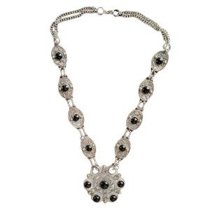 Silvertone & Faux Onyx Medallion Statement Necklace EUC